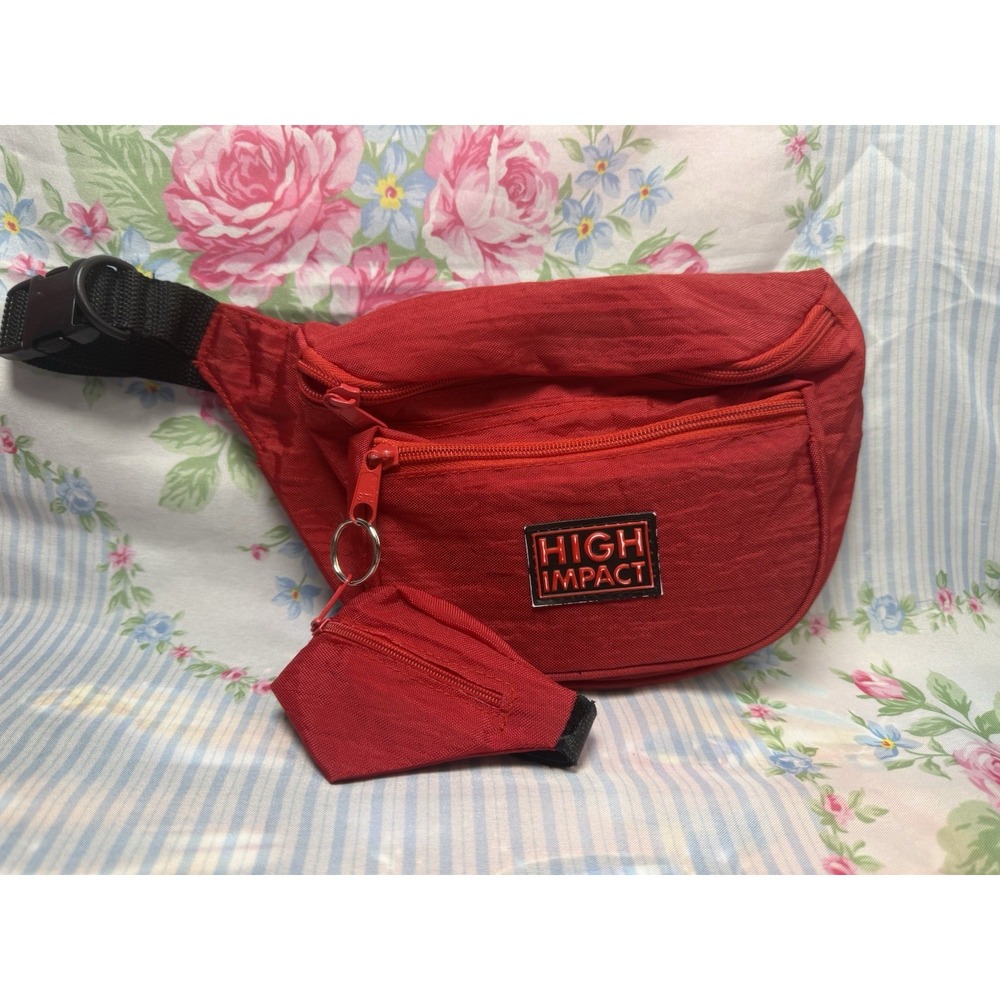 Vintage High Impact Red Fanny Pack Waist Bag w/ Mini‎ Wrist Pouch 6x11"
